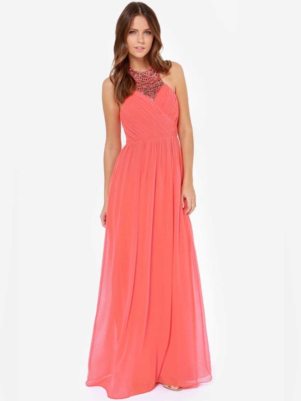 Lulus little mistress divine & dine coral beaded halter maxi dress size 8